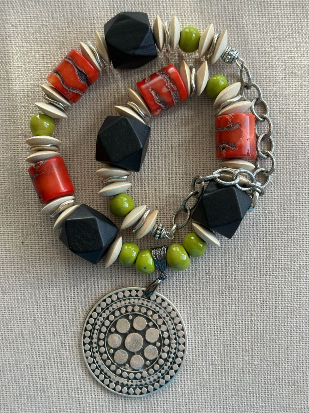 24 inch Colorful Coral and Wood bead necklace NWOT